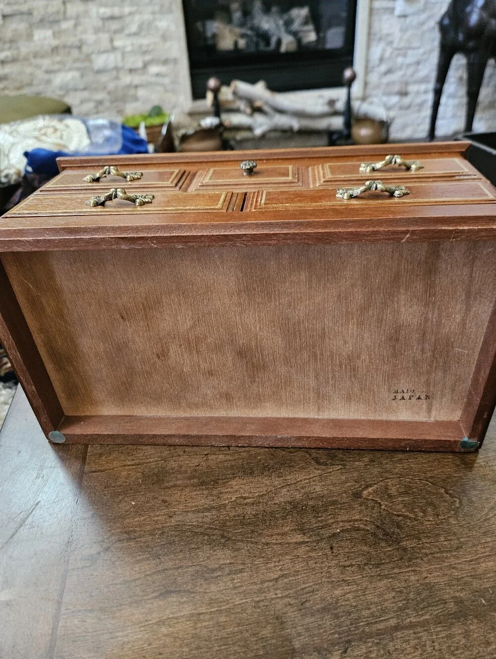 Musical Jewelry Box, Toyo Japan Oak Yellow Velvet Padding Carved Wood 1930's